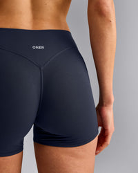 SoftMotion™ Mid Rise Micro Shorts 4" with Grey Logo | True Blue