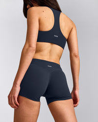 SoftMotion™ Mid Rise Micro Shorts 4" with Grey Logo | True Blue