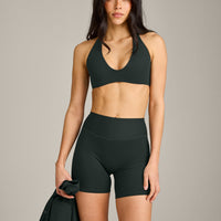 SoftMotion™ Minimal Halter Neck Bralette with Grey Logo | Emerald Noir