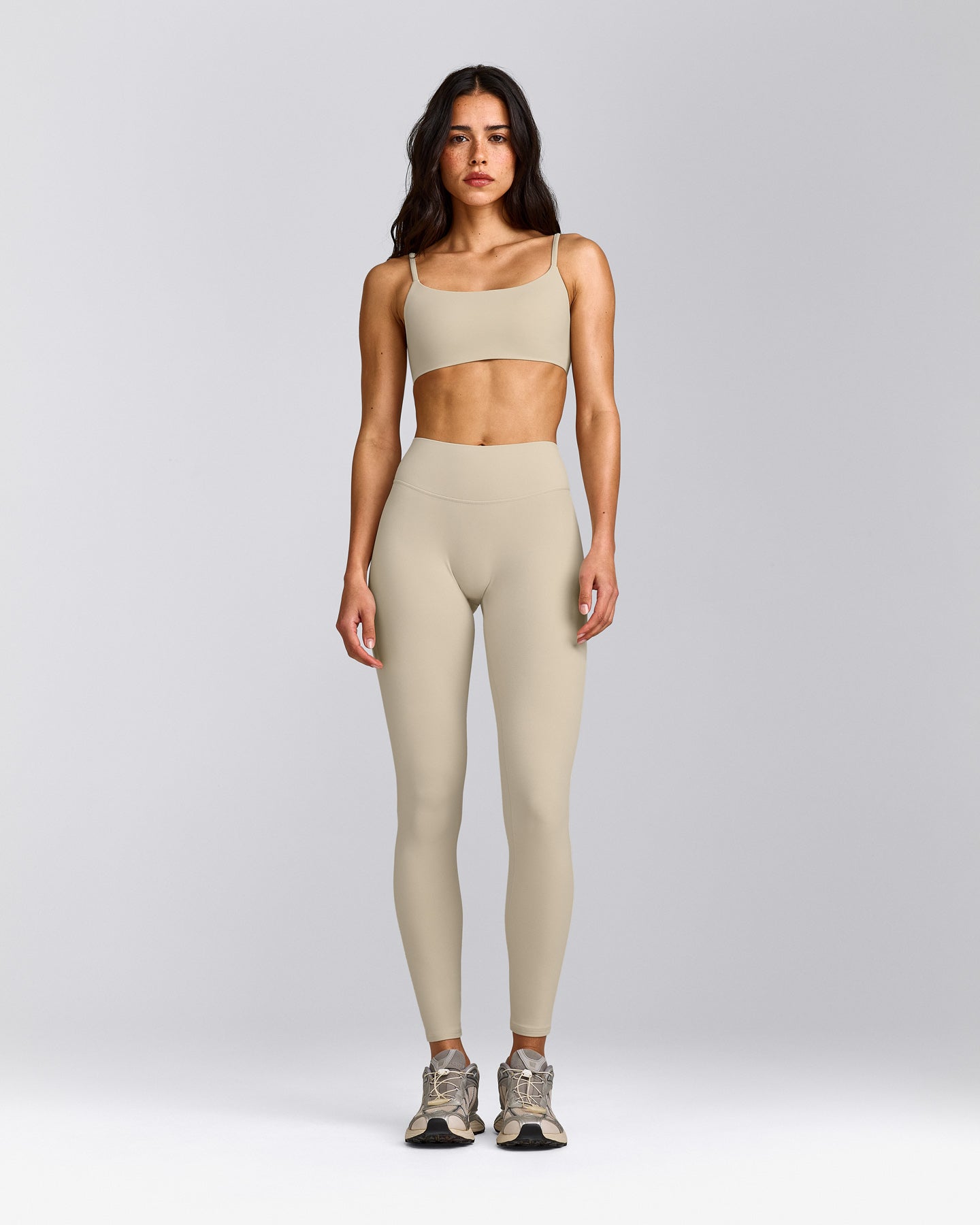 SoftMotion™ Strappy Sports Bra with Grey Logo | Oatmeal