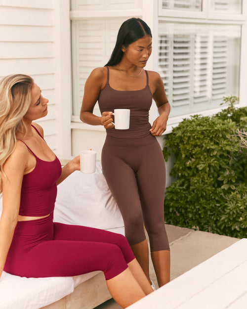 SoftMotion™ High Waisted Capri Leggings with White Logo | Espresso Brown