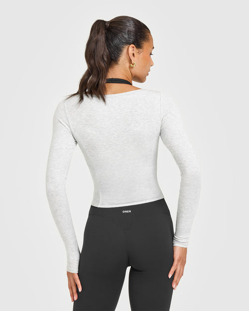 Mellow™ Rib V Neck Mid Long Sleeve Top | Light Grey Marl