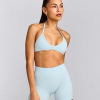 EnhanceLift™ Seamless Minimal Halter Neck Bralette with Grey Logo | Cloud Blue
