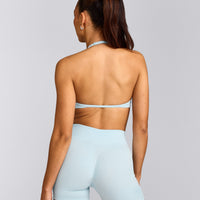 EnhanceLift™ Seamless Minimal Halter Neck Bralette with Grey Logo | Cloud Blue