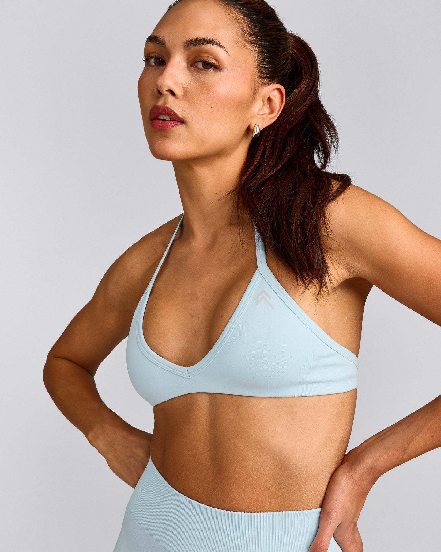 EnhanceLift™ Seamless Minimal Halter Neck Bralette with Grey Logo | Cloud Blue