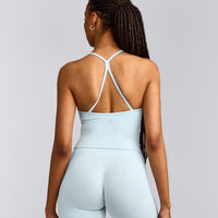 EnhanceLift™ Seamless Strappy Racer Vest with Built in Bra Shelf with Grey Logo | Cloud Blue