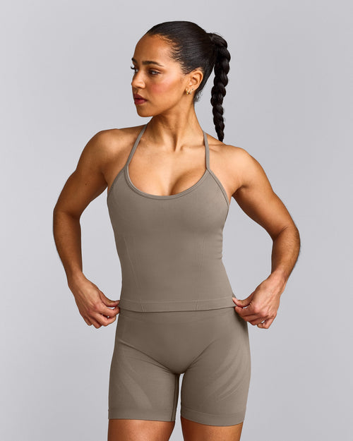 EnhanceLift™ Seamless Strappy Racer Vest with Built in Bra Shelf with Grey Logo | Warm Minky