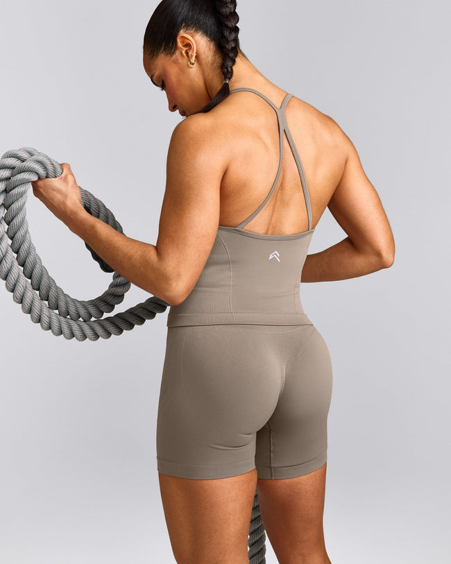 EnhanceLift™ Seamless Strappy Racer Vest with Built in Bra Shelf with Grey Logo | Warm Minky