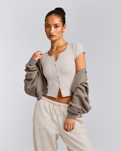 Mellow™ Rib Mid Short Sleeve Cardigan | Oat Marl