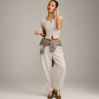 Mellow™ Rib Mid Short Sleeve Cardigan | Oat Marl