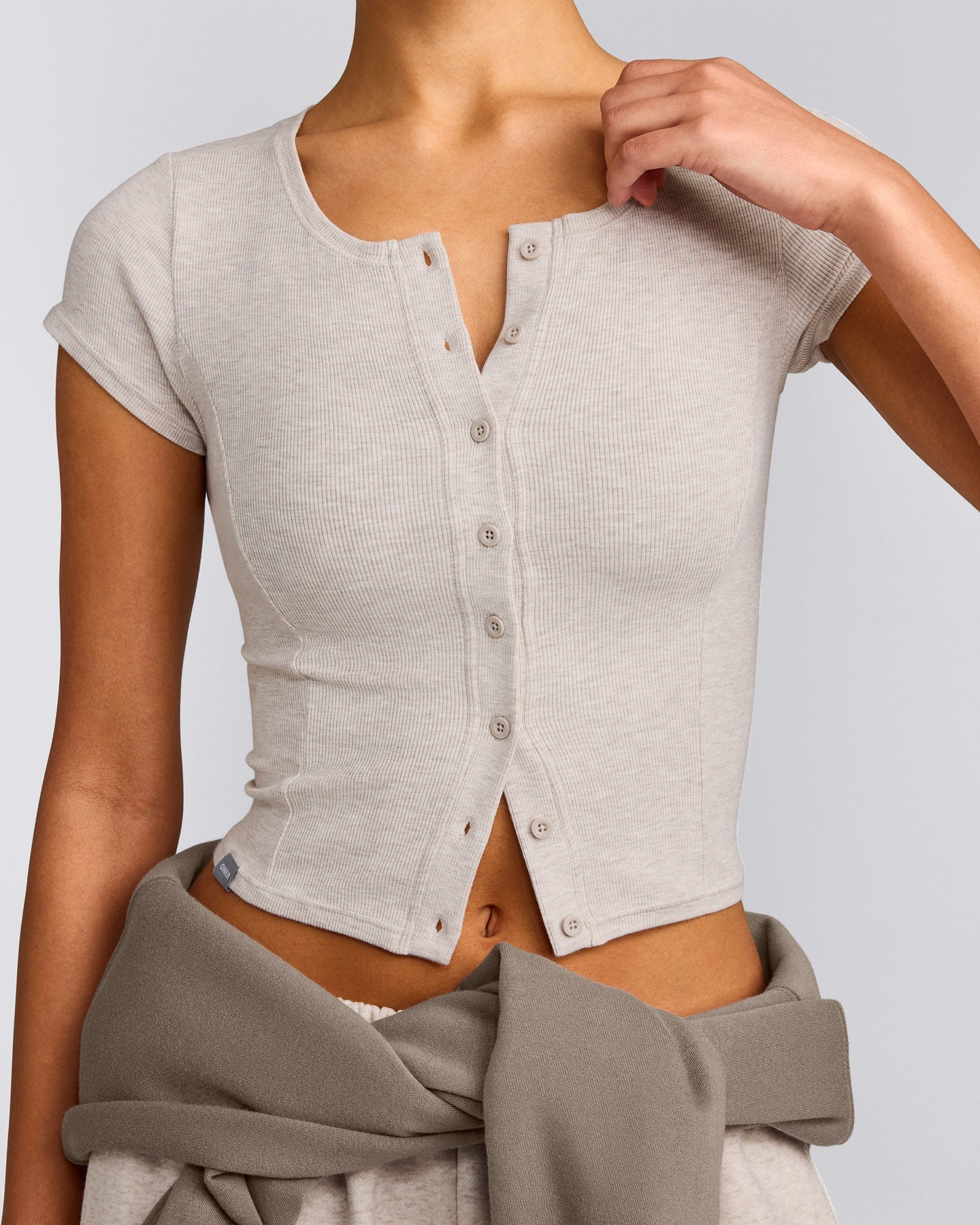 Mellow™ Rib Mid Short Sleeve Cardigan | Oat Marl