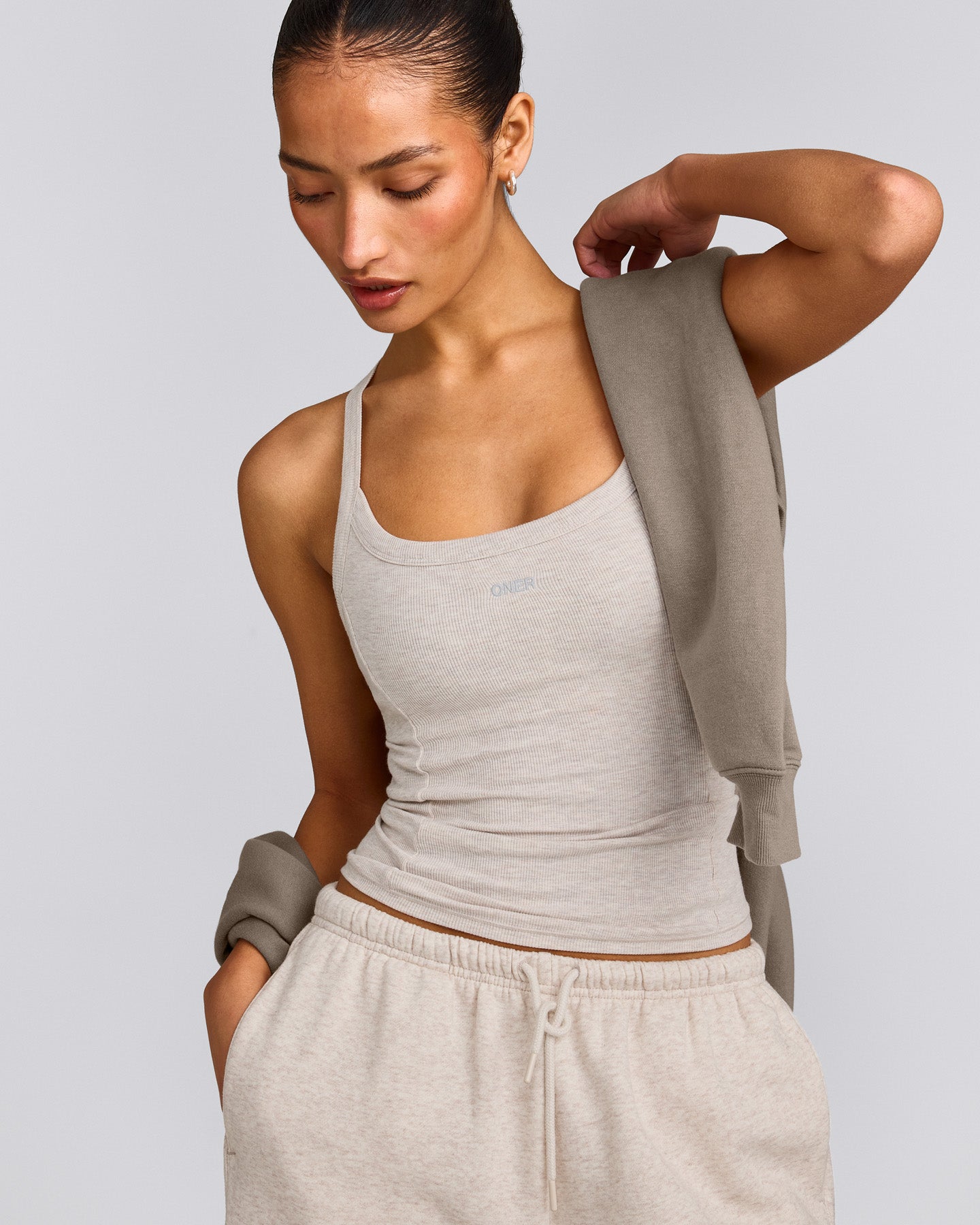 Mellow™ Rib Racer Back Vest with Built in Bra Shelf | Oat Marl