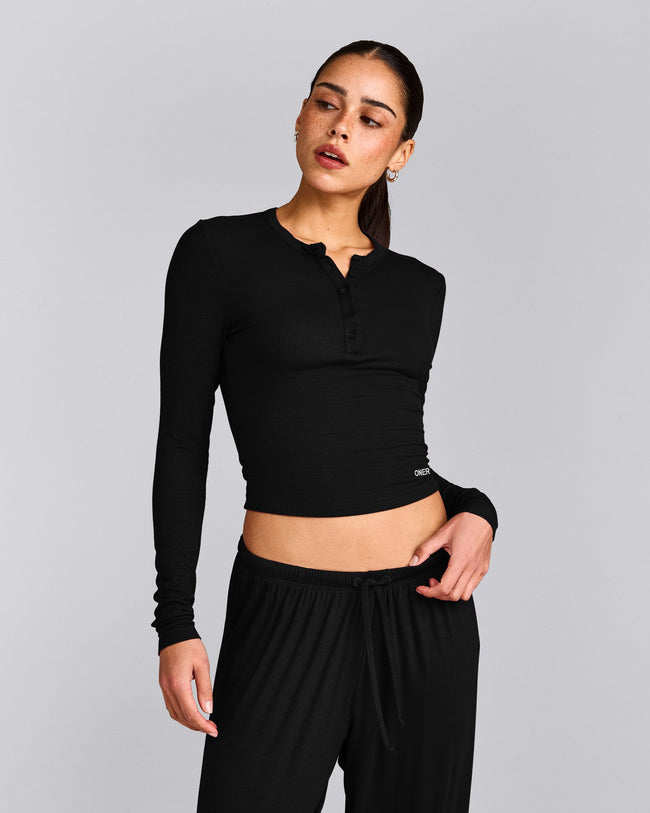 Oner At Home Night Button Down Long Sleeve Top | Black