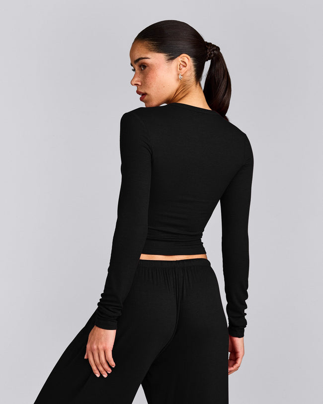 Oner At Home Night Button Down Long Sleeve Top | Black