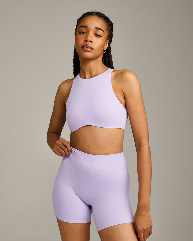SoftMotion™ High Neck Sports Bra with Grey Logo | Lavender Purple