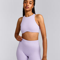 SoftMotion™ High Neck Sports Bra with Grey Logo | Lavender Purple