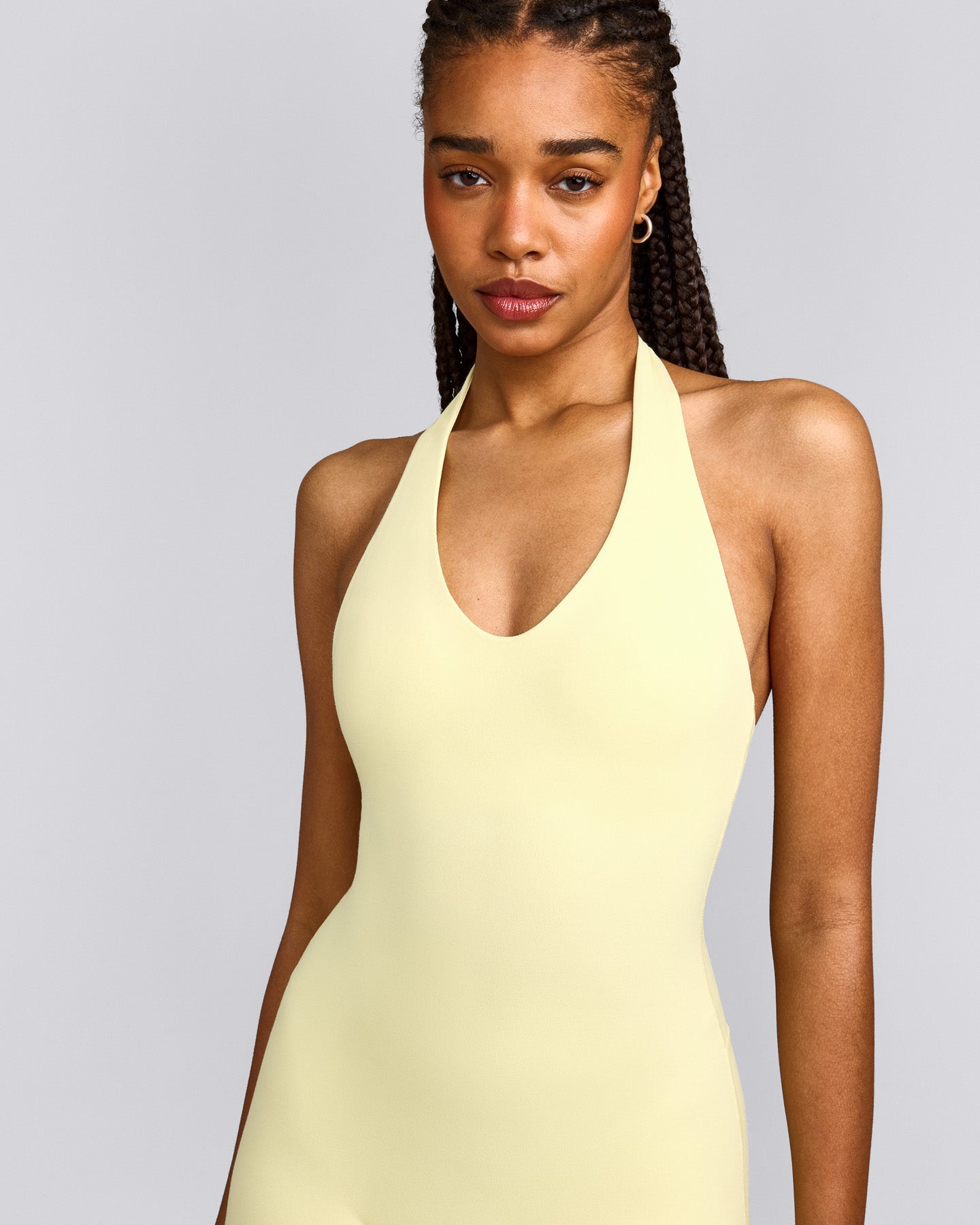 SoftMotion™ Halter Neck All In One Short with Grey Logo | Pastel Yellow
