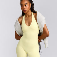 SoftMotion™ Halter Neck All In One Short with Grey Logo | Pastel Yellow