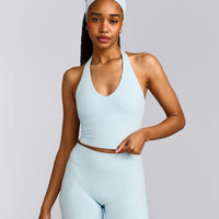 SoftMotion™ Halter Neck Mid Vest with Built in Bra Shelf with Grey Logo | Cloud Blue