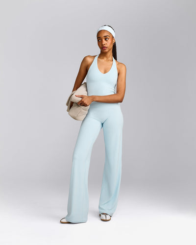 SoftMotion™ Halter Neck Mid Vest with Built in Bra Shelf with Grey Logo | Cloud Blue