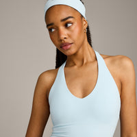 SoftMotion™ Halter Neck Mid Vest with Built in Bra Shelf with Grey Logo | Cloud Blue