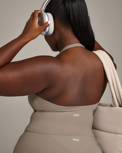 SoftMotion™ Halter Neck Mid Vest with Built in Bra Shelf with Grey Logo | Minky