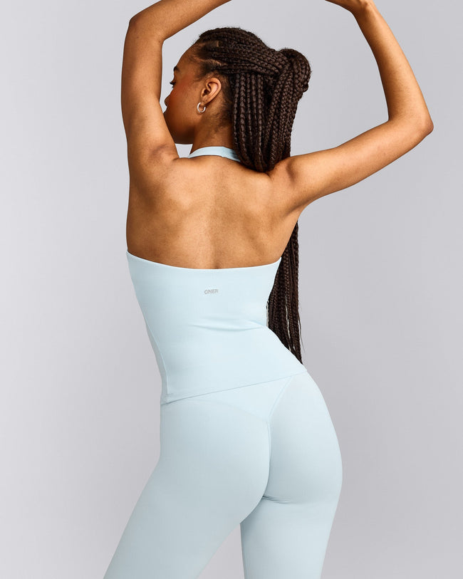 SoftMotion™ Halter Neck Vest with Built in Bra Shelf with Grey Logo | Cloud Blue