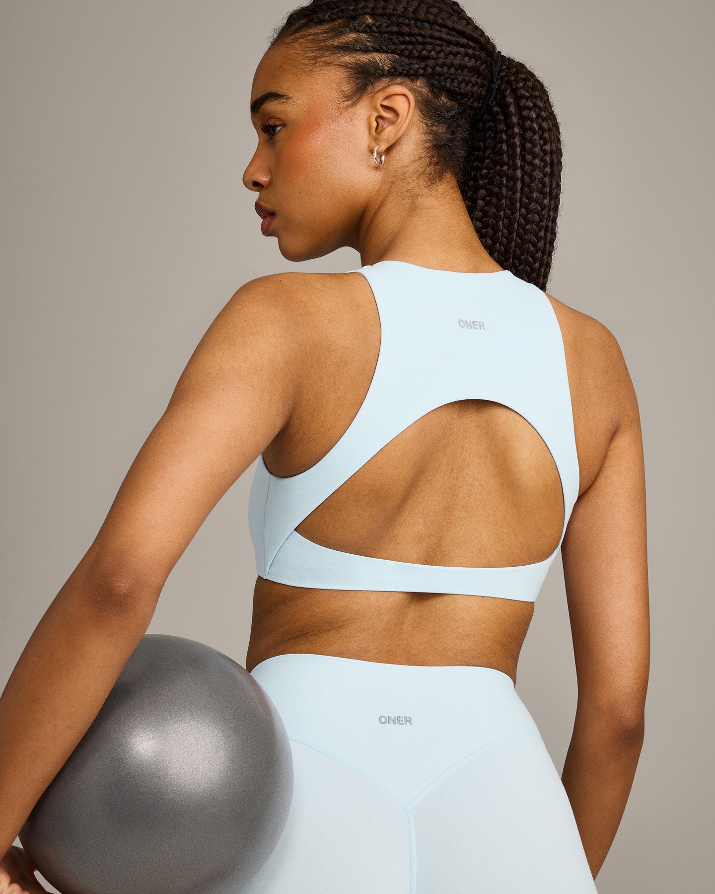 SoftMotion™ High Neck Sports Bra with Grey Logo |  Cloud Blue