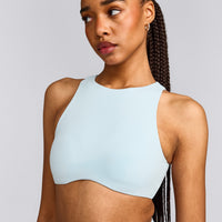 SoftMotion™ High Neck Sports Bra with Grey Logo |  Cloud Blue
