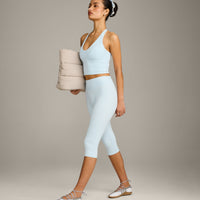 SoftMotion™ High Waisted Capri Leggings with Grey Logo | Cloud Blue