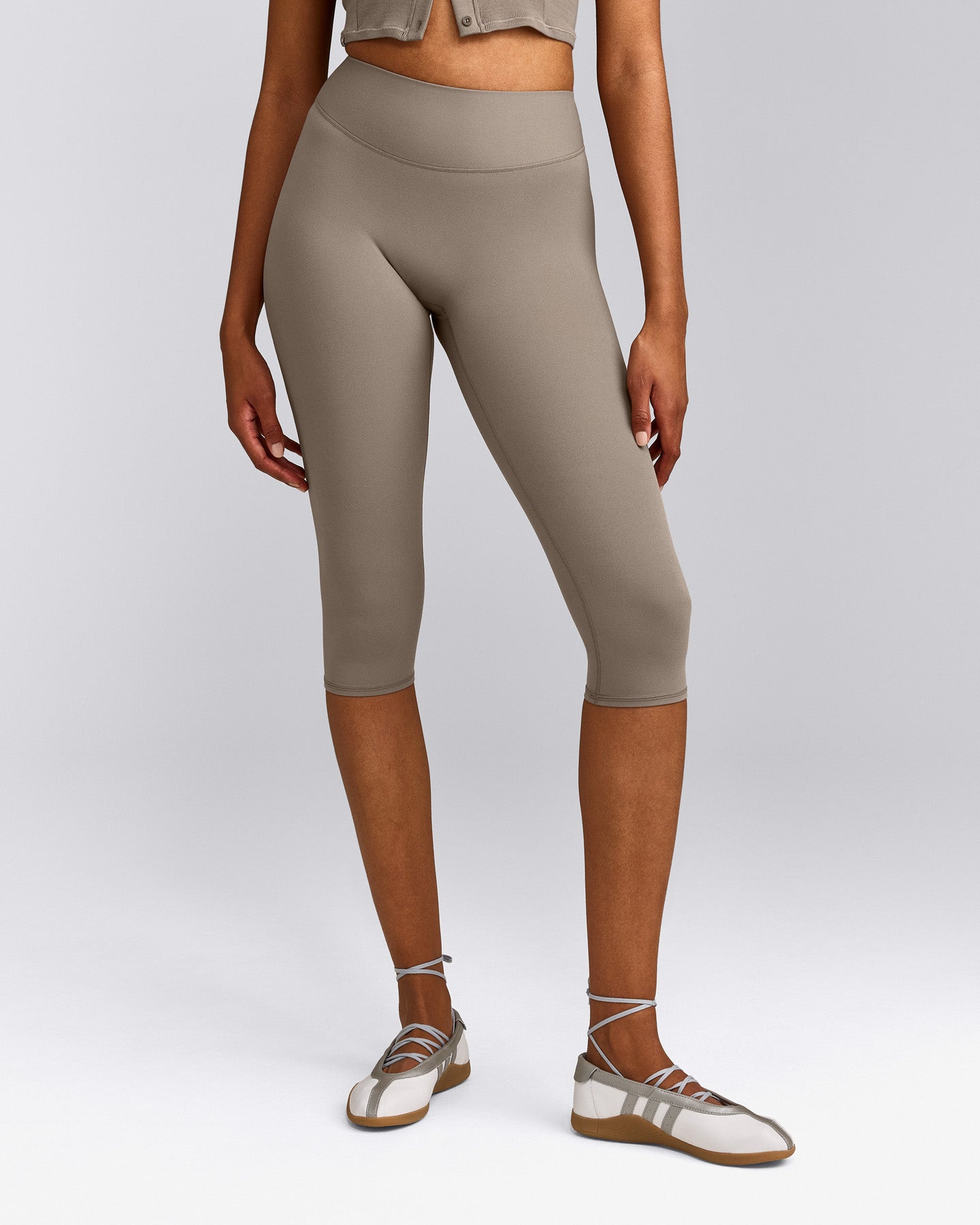 SoftMotion™ High Waisted Capri Leggings with Grey Logo | Minky