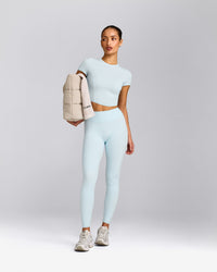 SoftMotion™ High Waisted Leggings with Grey Logo | Cloud Blue
