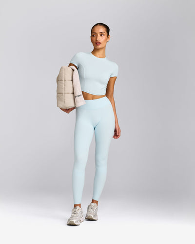 SoftMotion™ High Waisted Leggings with Grey Logo | Cloud Blue