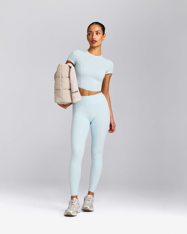 SoftMotion™ High Waisted Leggings with Grey Logo | Cloud Blue