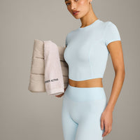 SoftMotion™ High Waisted Leggings with Grey Logo | Cloud Blue