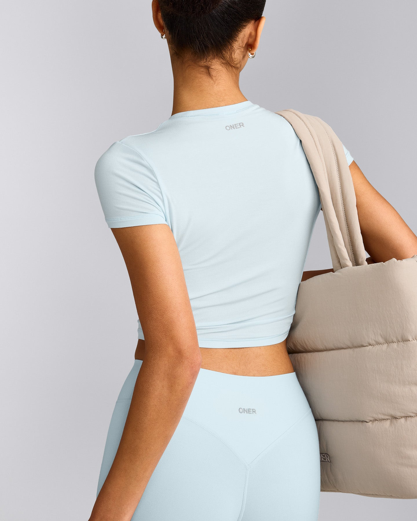 SoftMotion™ High Waisted Leggings with Grey Logo | Cloud Blue