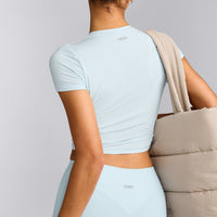SoftMotion™ High Waisted Leggings with Grey Logo | Cloud Blue