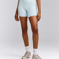 SoftMotion™ High Waisted Shorts 6" with Grey Logo | Cloud Blue