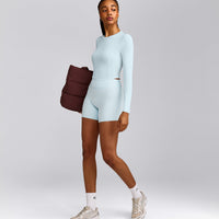 SoftMotion™ High Waisted Shorts 6" with Grey Logo | Cloud Blue