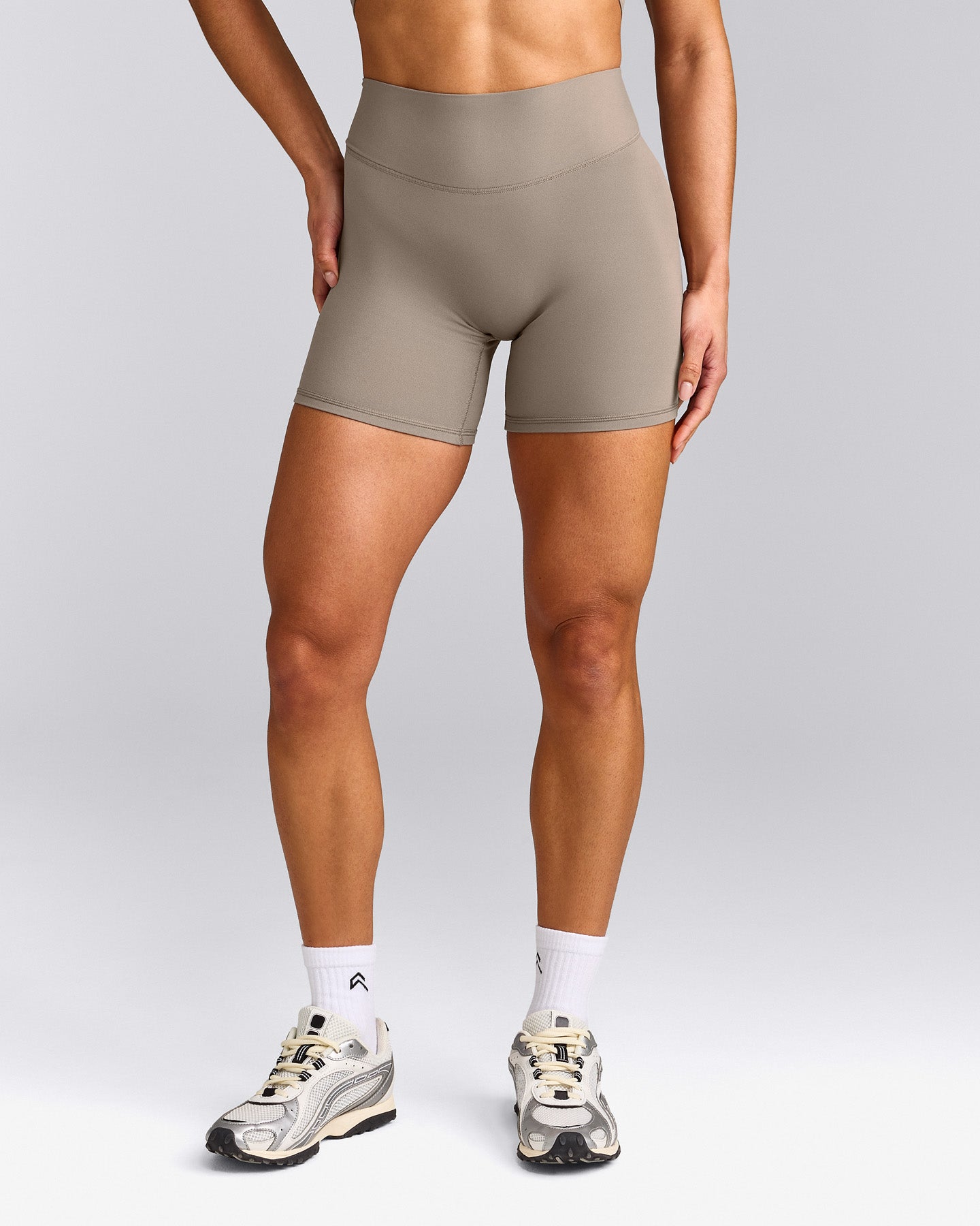 SoftMotion™ High Waisted Shorts 6" with Grey Logo | Minky