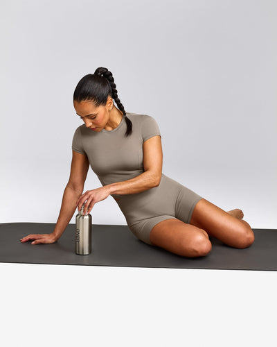 SoftMotion™ High Waisted Shorts 6" with Grey Logo | Minky