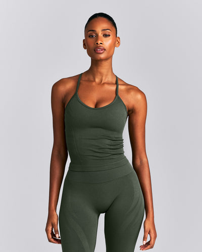 EnhanceLift™ Seamless Strappy Racer Vest with Built in Bra New Branding | Dark Khaki