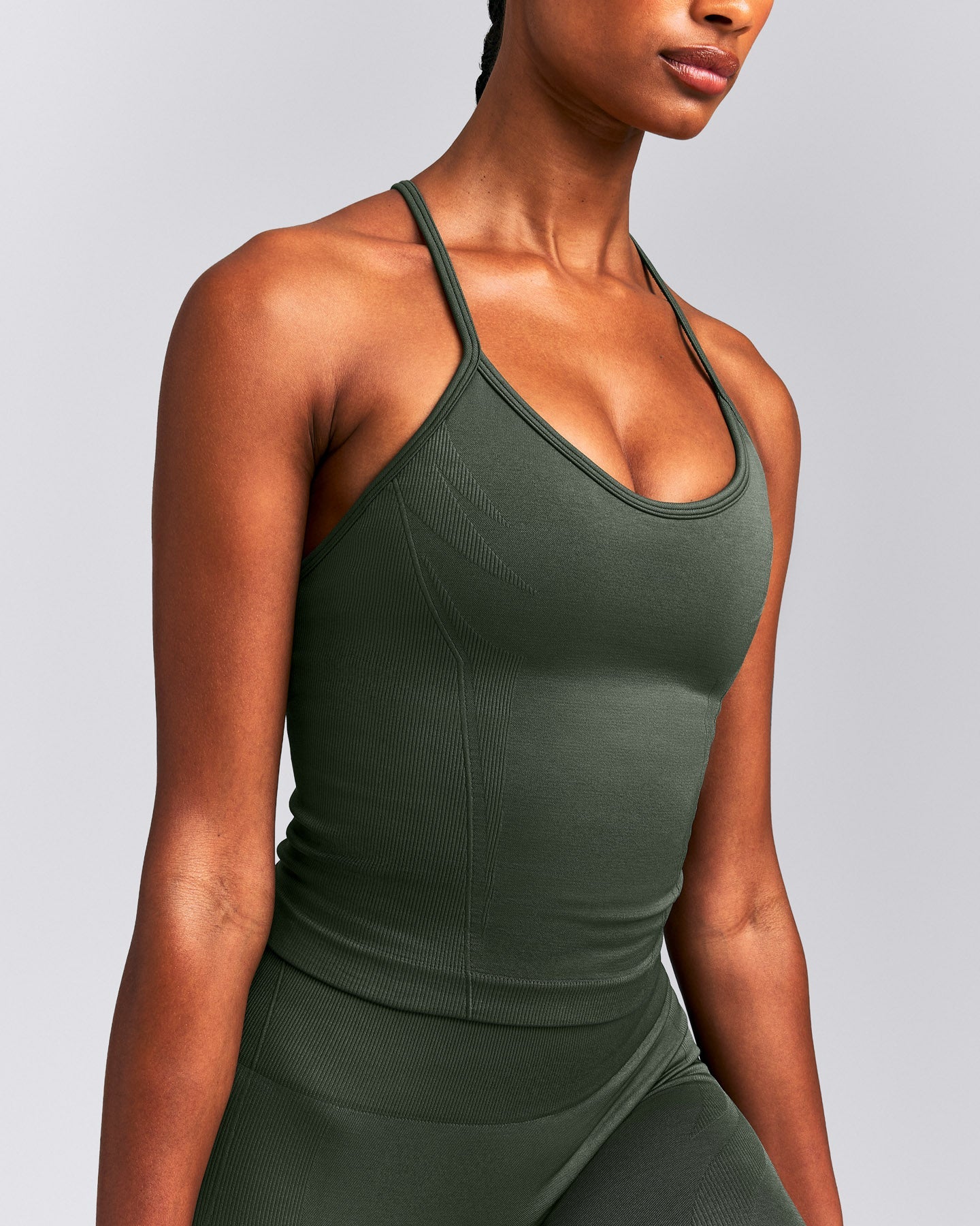 EnhanceLift™ Seamless Strappy Racer Vest with Built in Bra New Branding | Dark Khaki