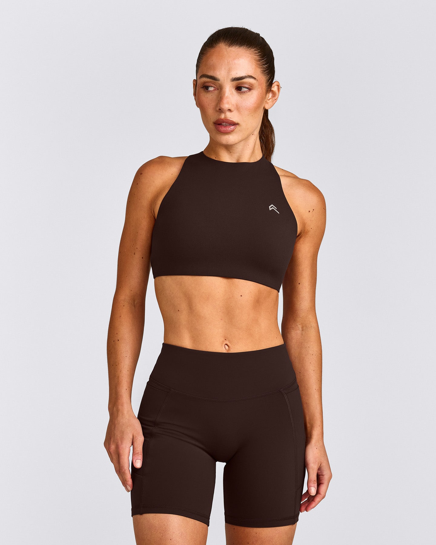EasyLift™ High Neck Sports Bra with Grey Logo | 70% Cocoa