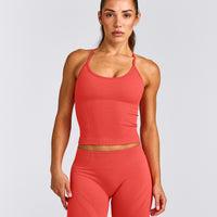 EnhanceLift™ Seamless Strappy Racer Vest with Built in Bra Shelf with Grey Logo | Dark Charged Coral
