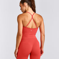 EnhanceLift™ Seamless Strappy Racer Vest with Built in Bra Shelf with Grey Logo | Dark Charged Coral