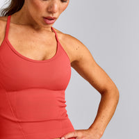EnhanceLift™ Seamless Strappy Racer Vest with Built in Bra Shelf with Grey Logo | Dark Charged Coral