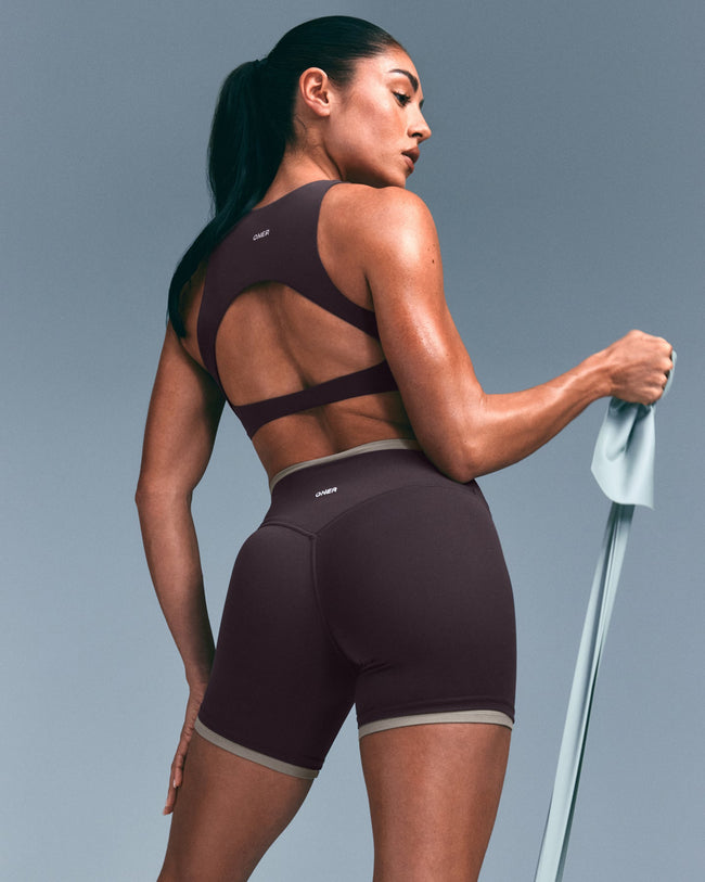 SoftMotion™ High Neck Sports Bra with Grey Logo | Dark Umber Brown