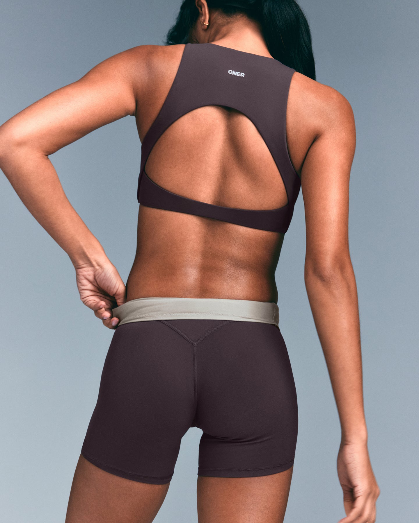 SoftMotion™ High Waisted Shorts 6" with Grey Logo | Dark Umber Brown