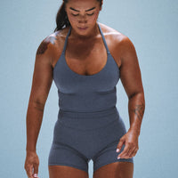 SoftMotion™ Strappy Halter Neck Mid Vest with Built in Bra Shelf | Granite Blue